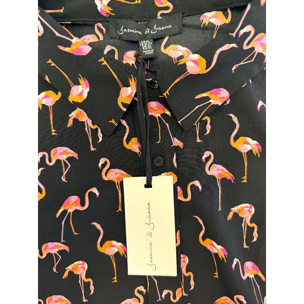 Jasmine & Juliana Flamingo Print Button-Up Shirt XL Black/Pink/Yellow - Picture 4 of 7